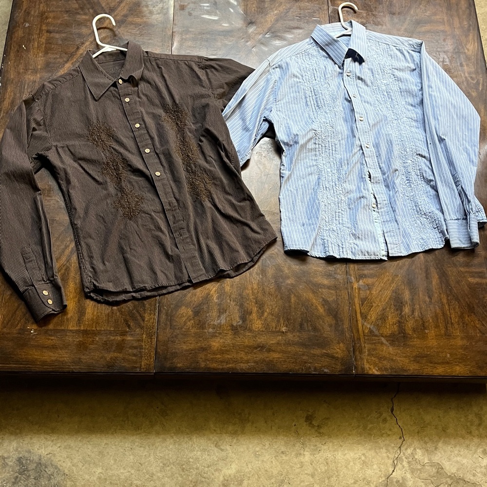 191 Unlimited button up dress shirts, both with stripes and designs embroidered